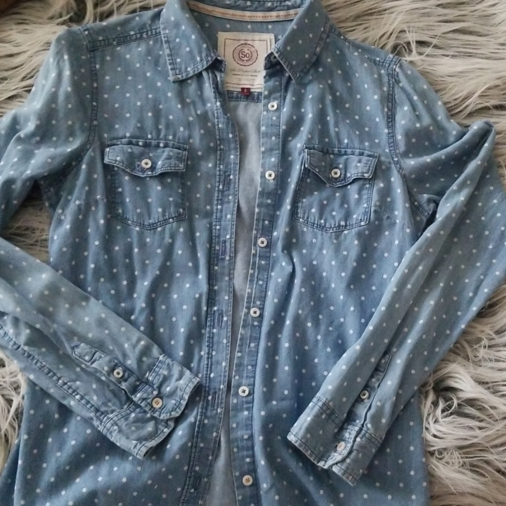 Chambray Polka Dot Long Sleeve Button Up